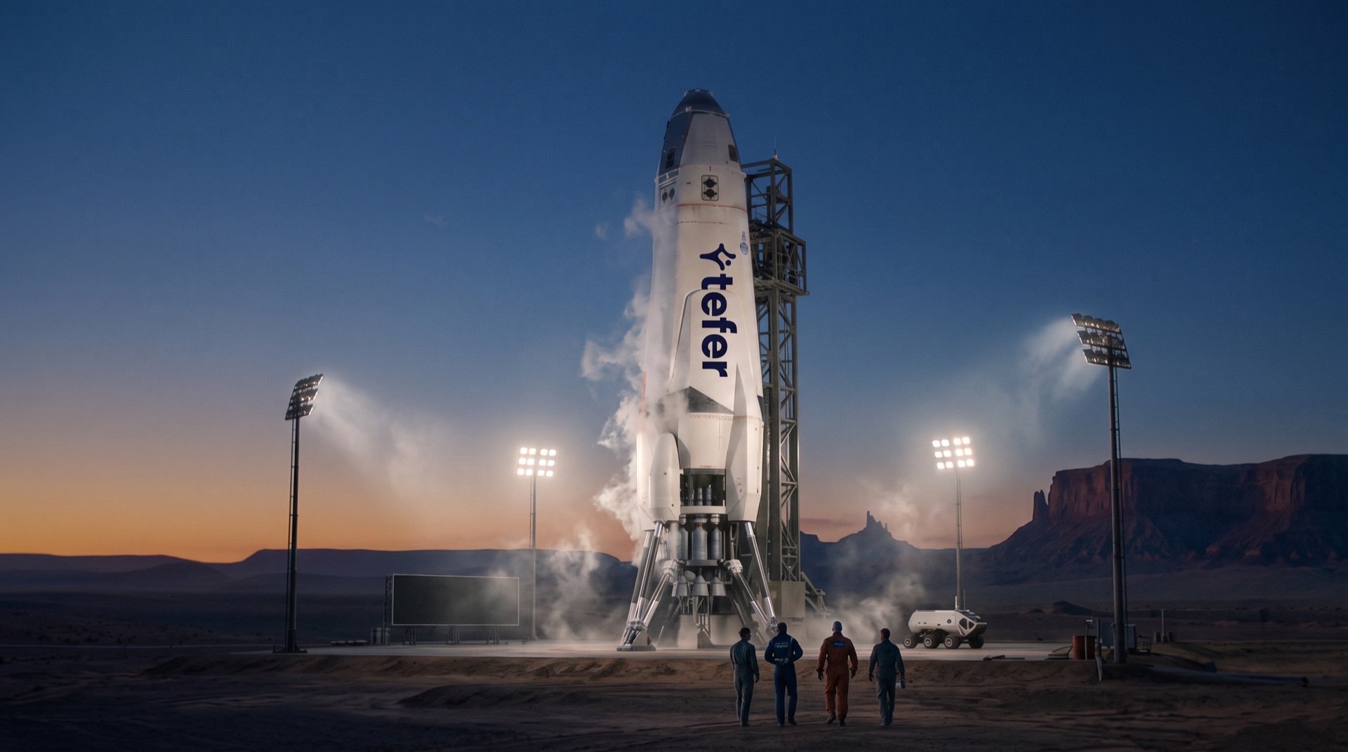 The Tefer rocket on a blue-hour desert pad