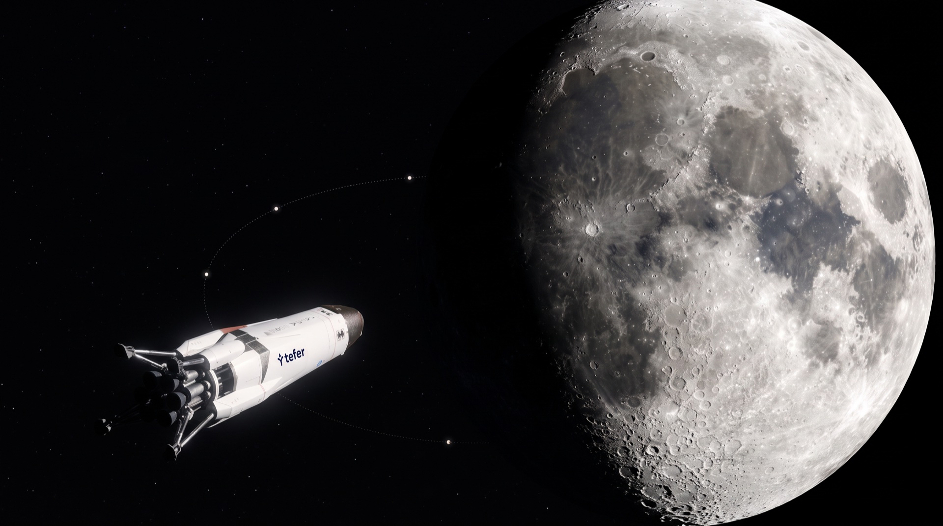 The rocket in deep space, the Moon growing